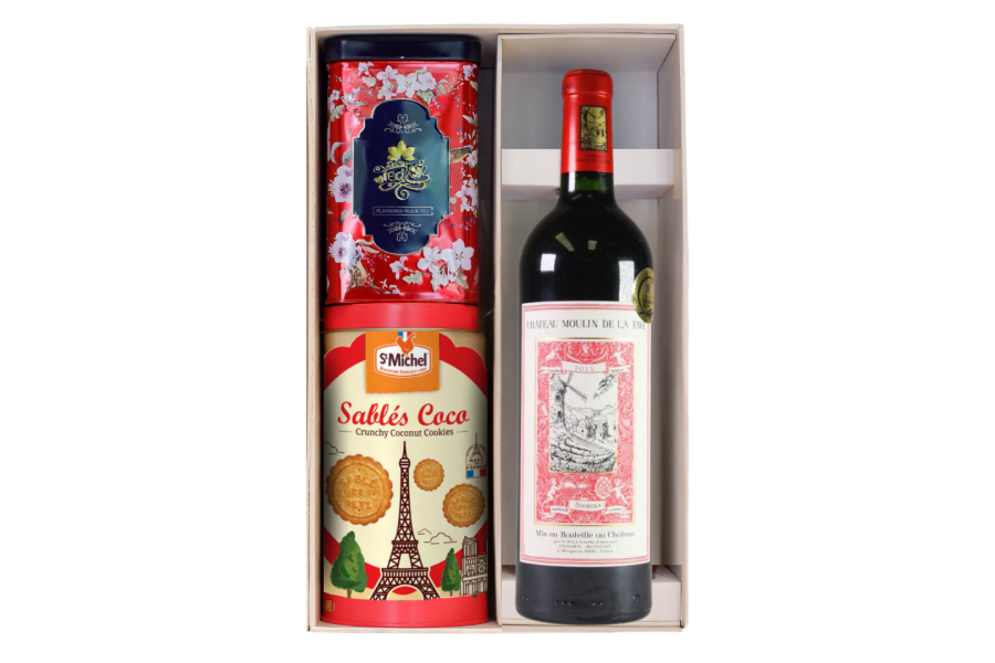SET rượu vang pháp moulin kèm hộp bánh trà F26