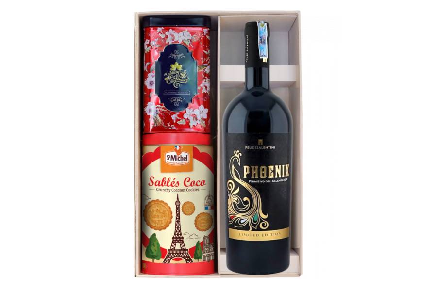 Set Rượu vang đỏ ý Phoenix kèm hộp bánh trà F26