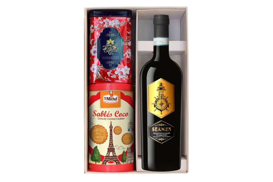 Set Rượu vang Seamen kèm hộp bánh trà f26
