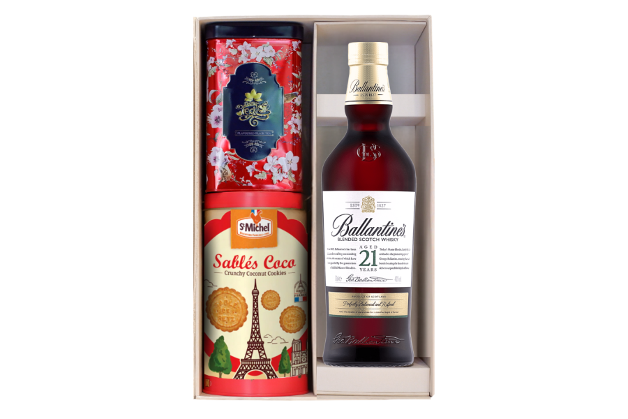 Set Whisky rượu Ballantines 21 kèm hộp bánh trà F26